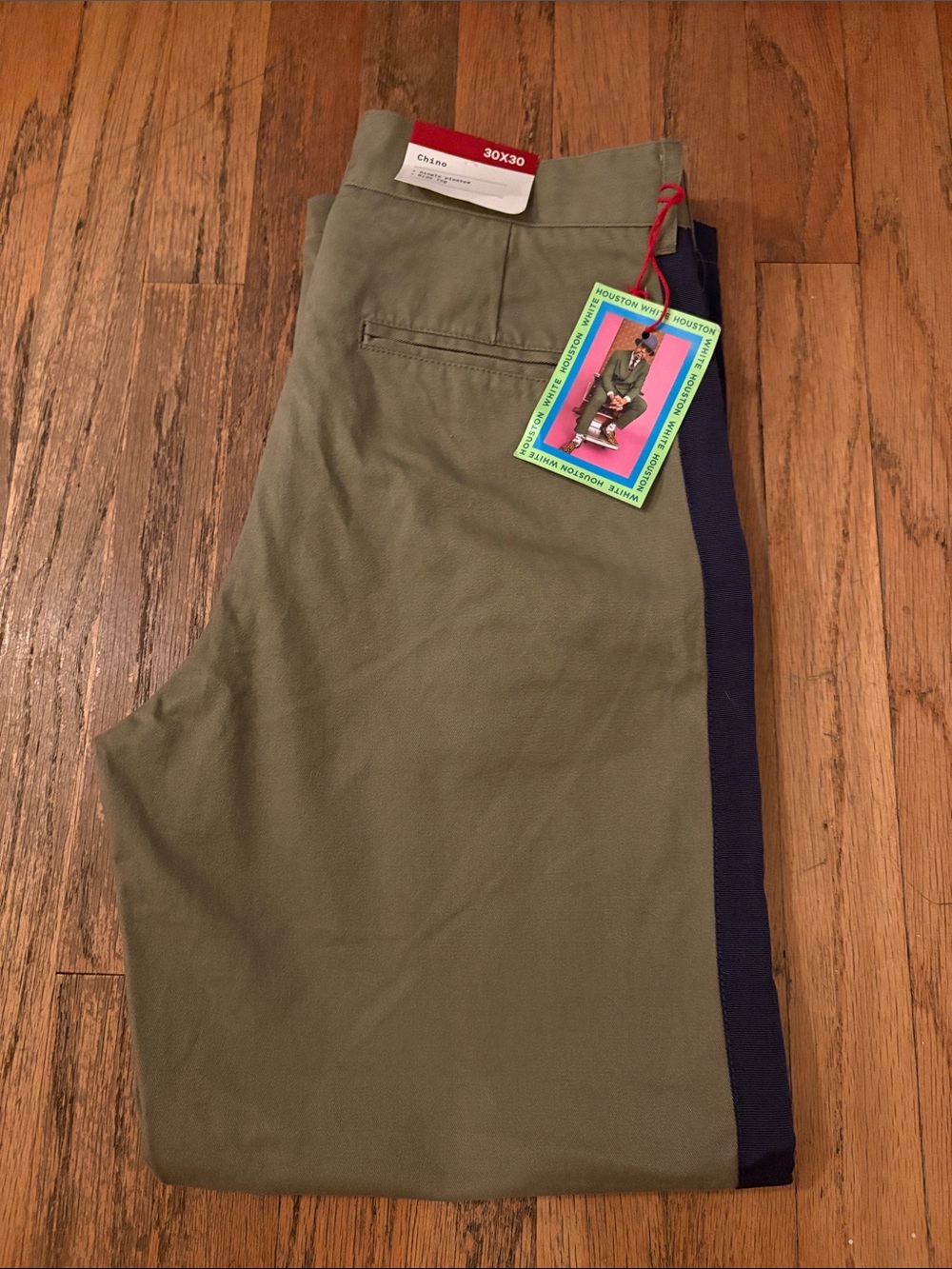 Men's Olive Green Chinos with Navy Side Stripe - Classic Casual Fit